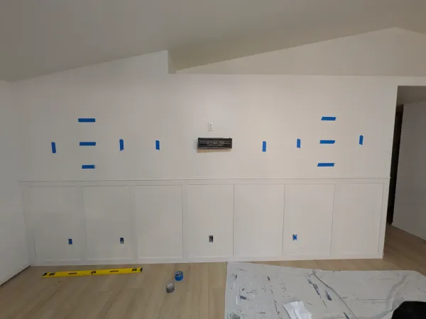 Drywall media wall before TV mounting and shelf hanging in Gilbert